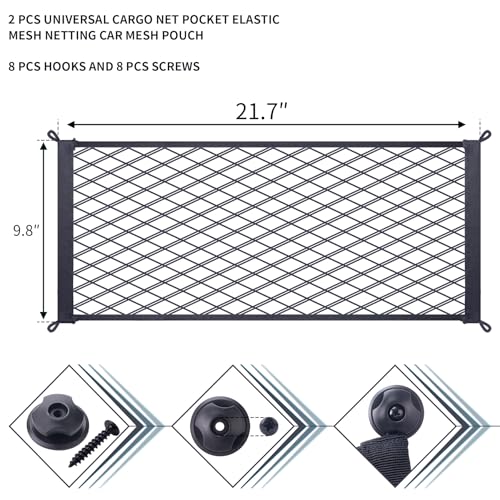 2 Pcs Universal Car Mesh Cargo Net Bag with 8 Hooks & 8 Screws, 21.7 x 9.8 inch