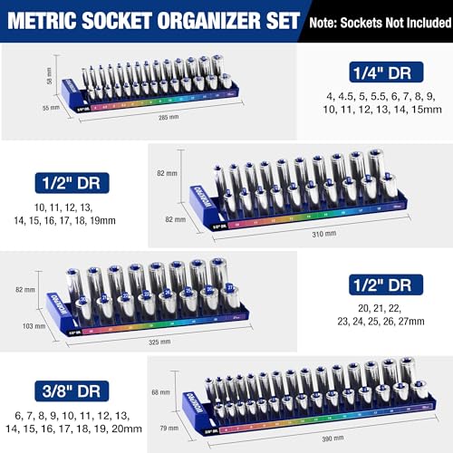 WORKPRO Socket Organizer Set, 4PC Impact Socket Holder, 1/4", 3/8", 1/2" Drive Metric Socket Trays, Impact Socket Organizer for Tool Box Drawer, Socket Storage Holds 94 Pieces (Socket not Included)