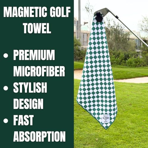 Magnetic Golf Towel - Green & White Checkered Microfiber with Clip