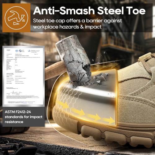 Ablanczoom Men’s Steel Toe Work Boots, Brown, ASTM F2412-24, Slip-Resistant