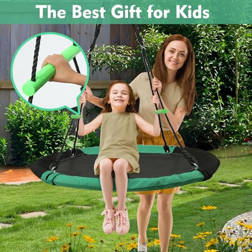 YSEJOMP 40 Inch Diameter Round Oxford Tree Saucer Swing with Handrails - Black and Dark Green