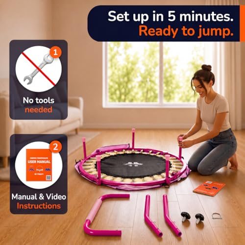 Toddler Trampoline Indoor 36'' - Foldable Mini Trampoline for Kids, Adjustable Handle, ASTM Certified, Purple & Coral