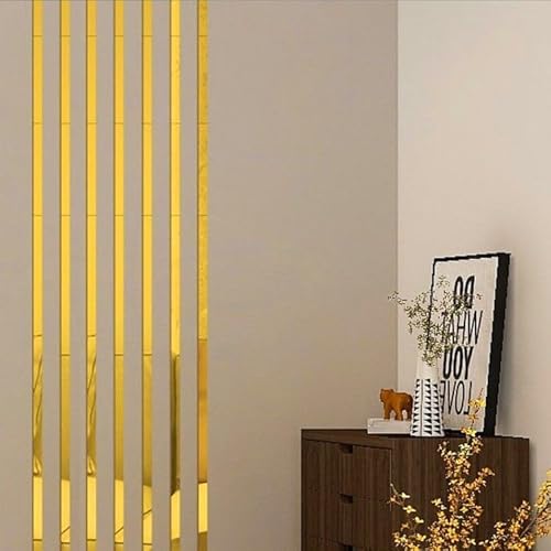 10 Pcs Gold Mirror Wall Stickers Striped Design Mirror Art Tile Decal DIY Self Adhesive Wall Line Border Decals Removable Acrylic Mirror Sheets Wall and Murals for Home Decor (5 * 20cm)