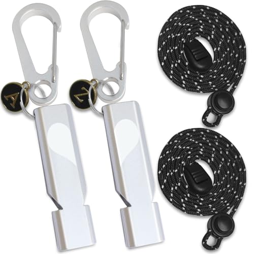 Heart-Engraved Aluminum Emergency Whistles - Silver Pair with Keychains & Lanyards