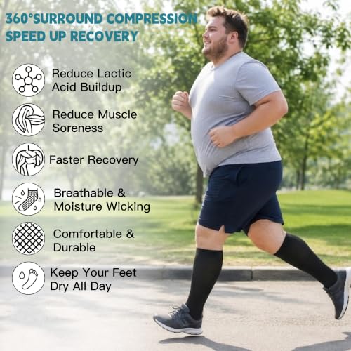 Double Couple 3/4 Pairs Wide Calf Compression Socks Men Women 20-30 mmHg XX-Large Black