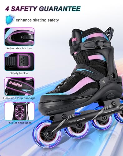 JIFAR Adjustable Inline Skates with Light-Up Wheels, Pink/Blue, Small (US 12J-2) for Ages 3-8
