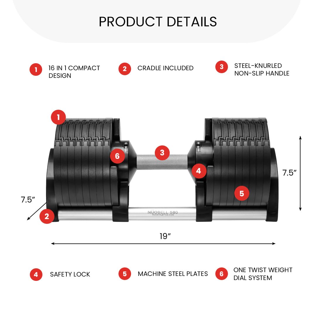 Nuobell 580 Adjustable Dumbbells, 5-80 lb, Set of 2 Free Weights