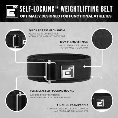 Self-Locking Weight Lifting Belt - 4" Back Support, Medium Black