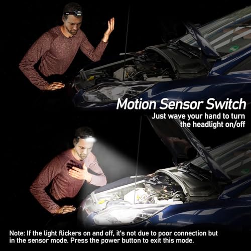 Rechargeable LED Headlamp - 2000L Brightness, 8 Modes & Motion Sensor - Black, 2 Pack