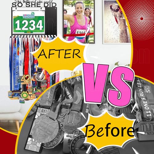 Race Medal Holder Wall Hanger - She Believed She Could - 60 Bib Bags / Black