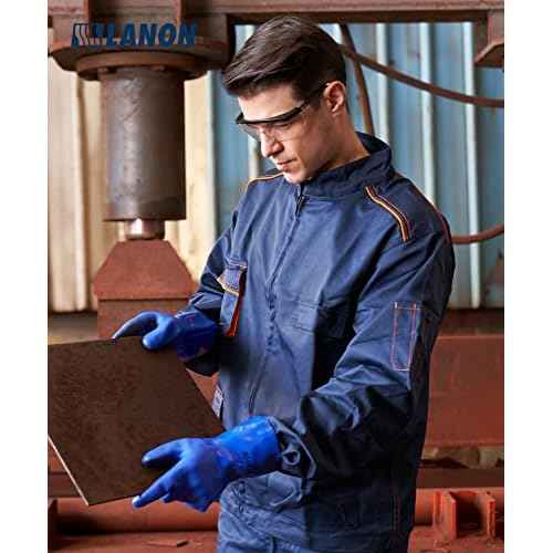 LANON 6 Pairs PVC Chemical Resistant Gloves, Heavy-Duty Rubber Gloves, Acid, Alkali and Oil Protection, Non-Slip, Blue, Large