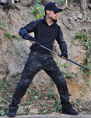 Men's Tactical Military Combat Uniform Set with Knee Pads - Black Camo, X-Large