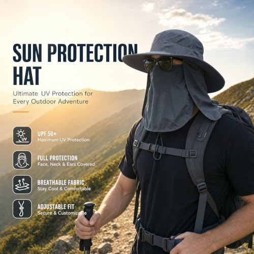 Outdoor Wide Brim Fishing Hat with Detachable Face Cover - Deepgrey