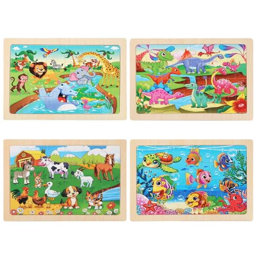 Animal World Wooden Jigsaw Puzzle Set for Kids Ages 4-6 – 4 Pack Educational Toddler Puzzles
