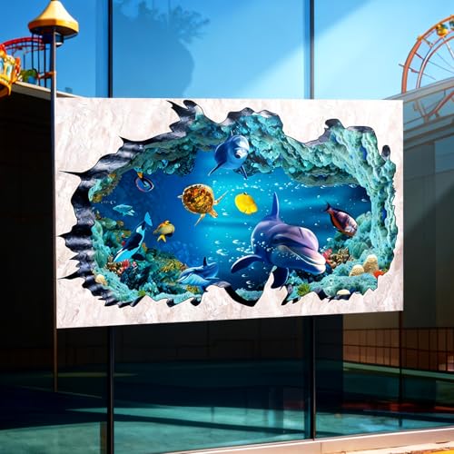 3D Under The Sea Wall Decals, Removable Ocean Theme Peel and Stick Wall Art with Dolphin Turtle Seaweed for Broken Wall Effect, Waterproof DIY Decor for Boys Bedroom, Kids Room, Bathroom, Living Room