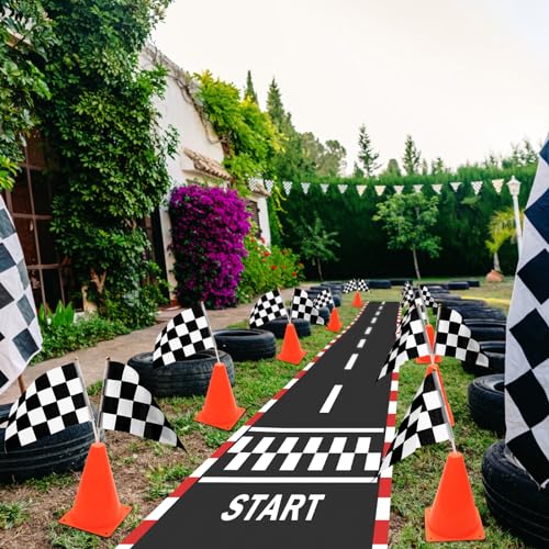 38-Piece Racing Cones and Flags Set - Mini Traffic Cones, Checkered Flags, Racetrack Mat