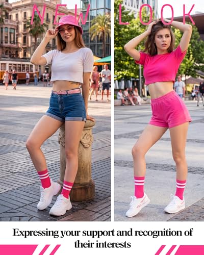 Syhood Unisex Crew Socks - 4 Pairs Casual Athletic Socks in Hot Pink & White