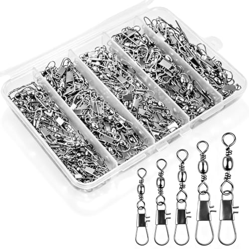 200PCS Ball Bearing Fishing Swivels with Safety Snaps, 5-Size Assortment