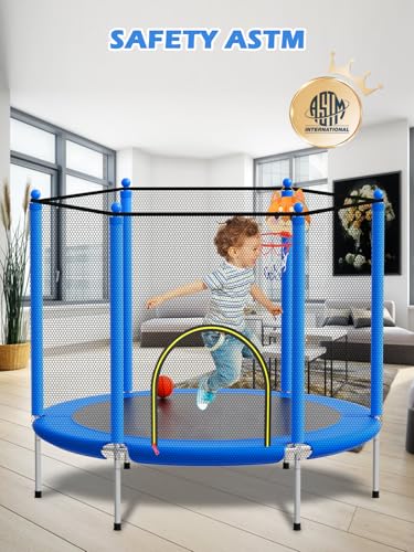 55IN Kids Trampoline with Enclosure, Basketball Hoop & Swing - Blue