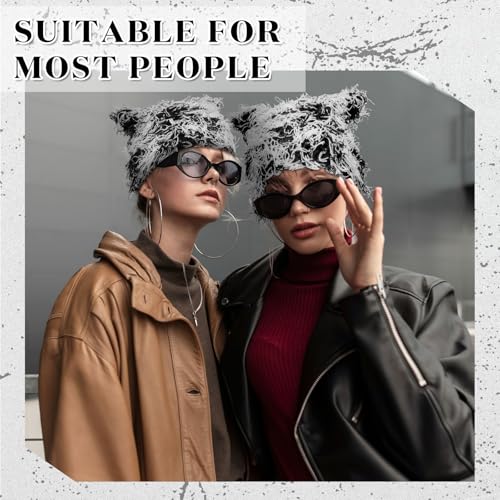 Chuarry Distressed Knitted Cat Ear Beanie Y2K Winter Hat for Women Men - Black & White