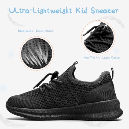 CDLHHM Kids Running Shoes for Boys and Girls - Black, Size 3 Big Kid, Lightweight Mesh Sneakers with Non-Slip Sole, Breathable Athletic Shoes