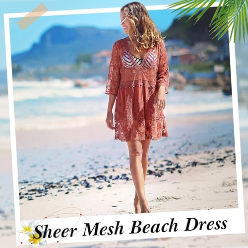 Cuffbow Rust Red Boho Lace V-Neck Beach Cover-Up for Women - Swim Dress