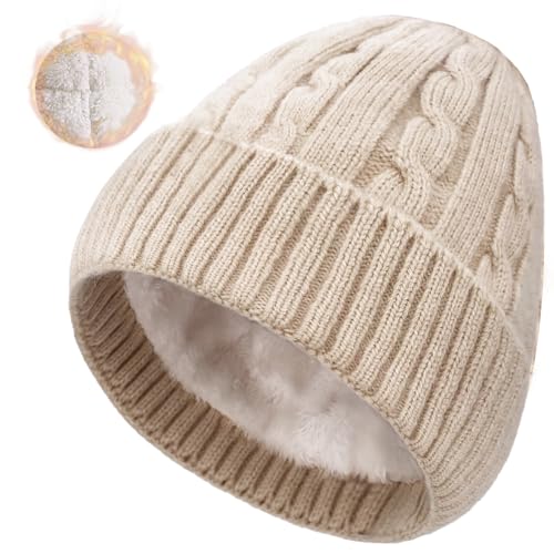 Warm Fleece Lined Winter Beanie Hat for Women - Beige