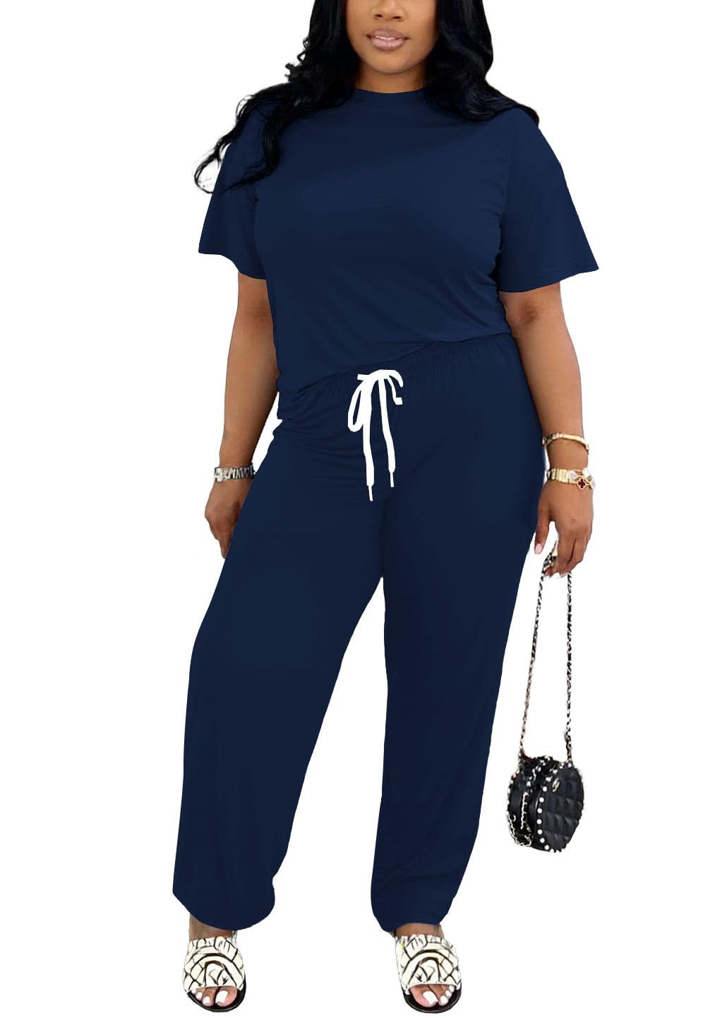 PINSV Women 2 Piece Outfits Short Sleeve Tops and Long Pants Tracksuit Workout Lounge Sets Navy Blue XL