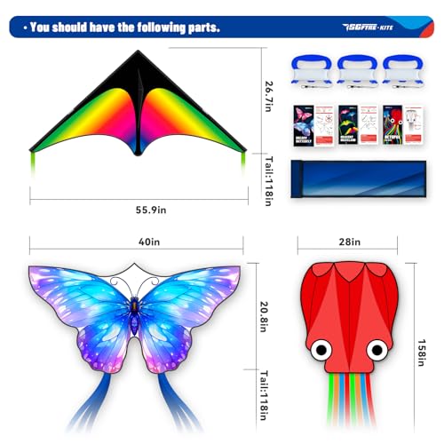 3-Piece Kite Set - Delta, Octopus & Butterfly Kites for Kids and Adults - Gradient Grassland Rainbow, Octopus Red, Blue Dreamy Butterfly