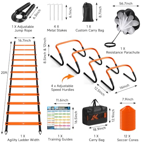 20ft Agility Ladder Training Set with Hurdles, Cones & Parachute