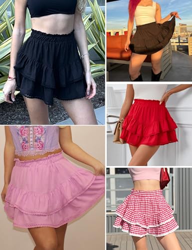 Flowy Ruffle Tiered Skorts for Women - Black, Medium