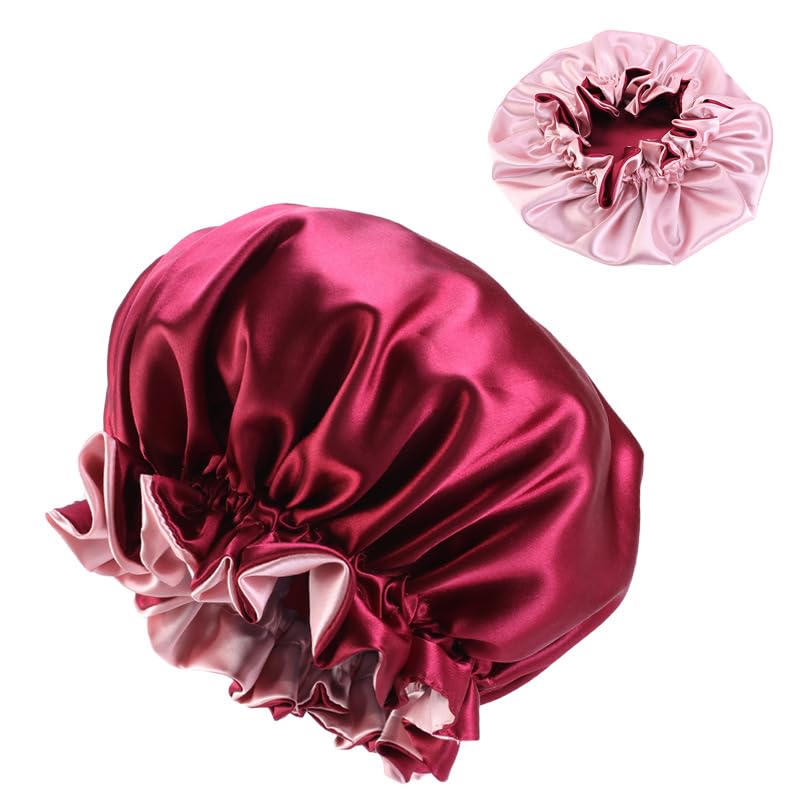 Double Layer Satin Sleep Bonnet with Wide Elastic Band - Red