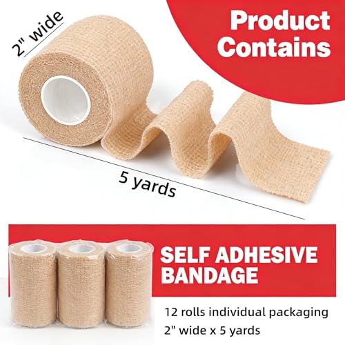 Cohesive Sports Tape - 12 Pack Self-Adhesive 2 Inch x 5 Yards Skin Color