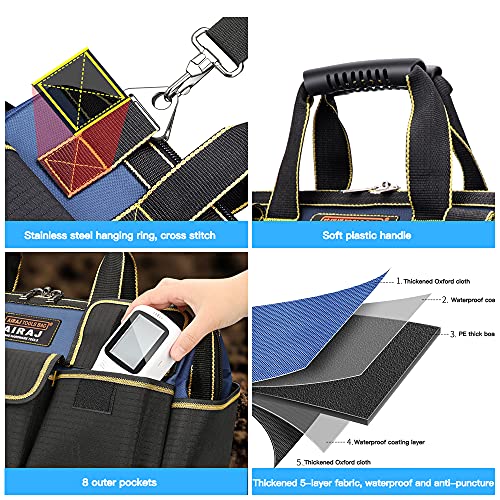 AIRAJ Tool Bag 16 Inch,Wide Mouth Tool Bags for Men Heavy Duty With Waterproof Molded Base,Tools Organizer for Home Repairs,Garage Storage,Professional Work,Adjustable Shoulder Strap,Blue
