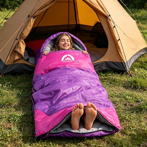 SWTMERRY 3-Season Sleeping Bag for Kids, Teens & Adults — Purple, Lightweight, Waterproof