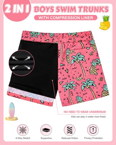 Century Star Boys' Pink Pineapple Swim Trunks with Compression Liner, 10-12 Years