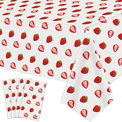Strawberry Party Tablecloths - 4 Pack Plastic Birthday Covers 86 x 51 Inch