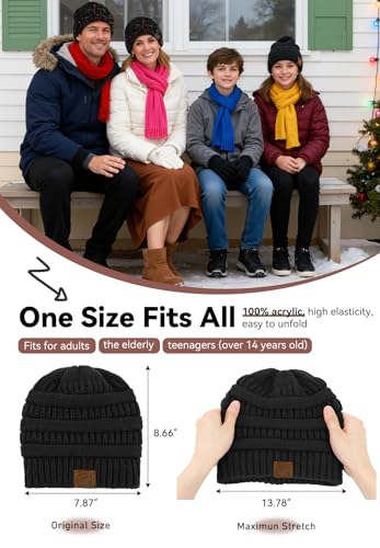 Satin Lined Beanie for Women & Men - Slouchy Winter Hat - Black Yarn