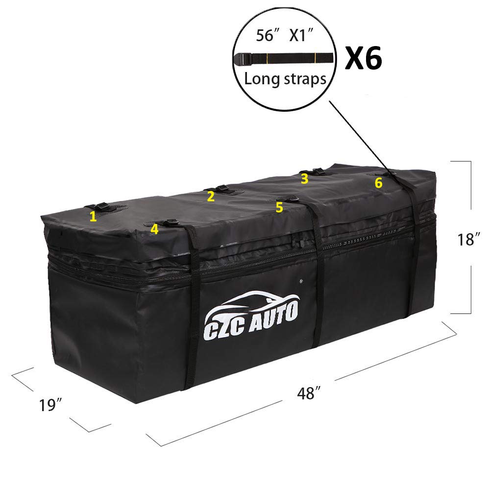 CZC AUTO Expandable Hitch Cargo Carrier Bag 9.5 cu. ft Extends to 11.6 cu. ft, Waterproof/Rainproof/Weatherproof, for Car Truck SUV Vans' Hitch Trays Hitch Baskets, Safe Steady Durable Soft Black