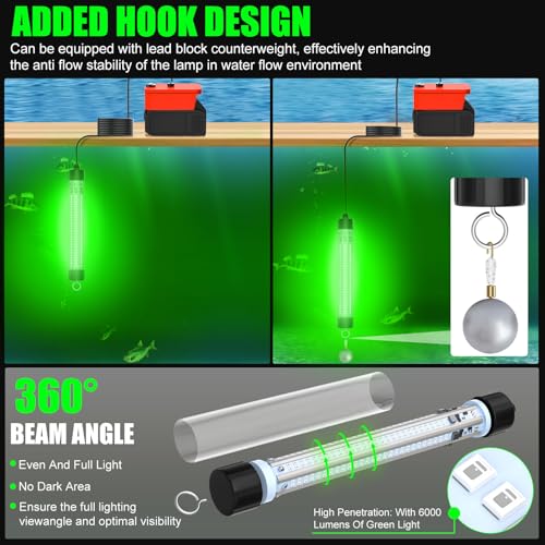 Underwater Fishing Light 60W 6000 Lumens for Milwaukee 18V - Model 48-11-1880, Waterproof Green Light