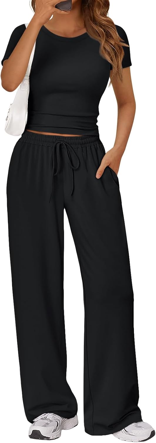 Trendy Queen 2 Piece Summer Sweatsuit Set - Women's Ruching Top & Wide Leg Pants with Pockets