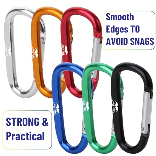 6 Pack 3-Inch Aluminum D Ring Carabiner Clips - Assorted Colors