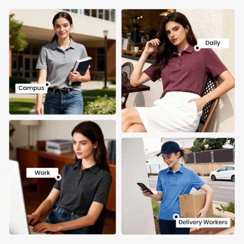 TVKSOM 4-Pack Women's Polo Shirts Casual Short Sleeve Golf Work Tops - Large, Black, Grey, Blue, Red