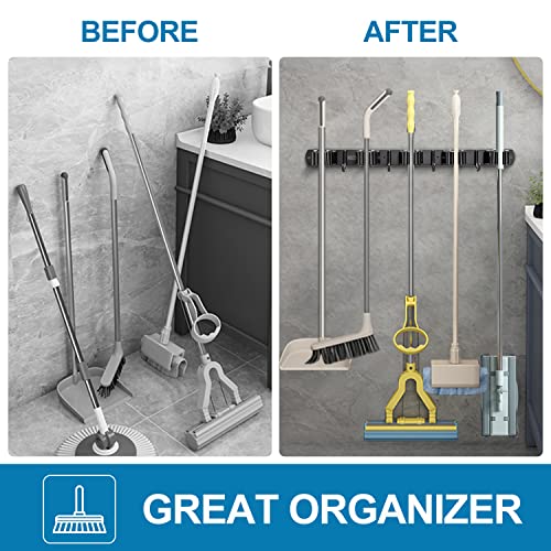 IMILLET 2 Pack Broom and Mop Holder Wall Mounted, Broom Holder Stainless Steel Broom Organizer Heavy Duty Tools Organizer Self Adhesive for Laundry Room Garage Garden£¨5 Racks and 4 Hooks£©
