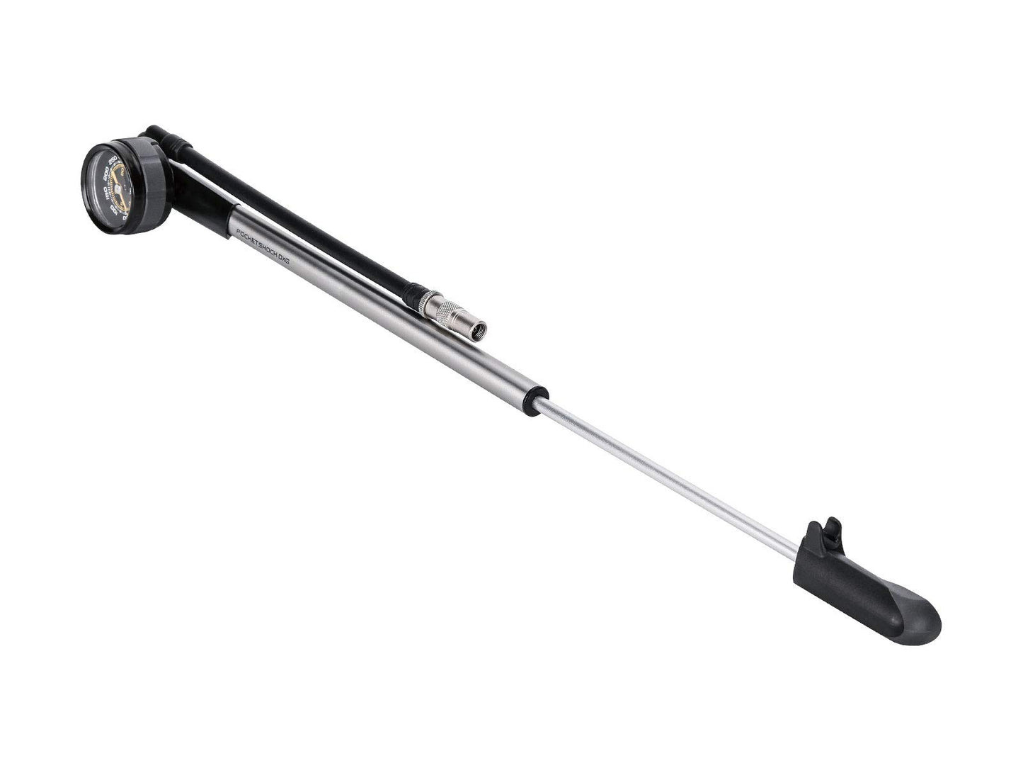 Topeak Pocket Shock DXG XL Bike Mini Pump, Long Version for Home/Shop use with dial Gauge 360 PSI/24.8 BAR,Silver/Black
