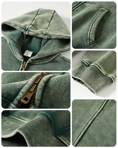 BlissBuggy Men's Acid Wash Black Oversized Zip Up Hoodie Small Heavyweight Cotton Fleece Vintage Sweatshirt