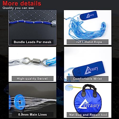 Drasry 10FT Cast Net with 3/8-inch Mesh, Zinc-Iron Sinkers, White, Heavy Duty Monofilament, Bait & Shrimp Trap
