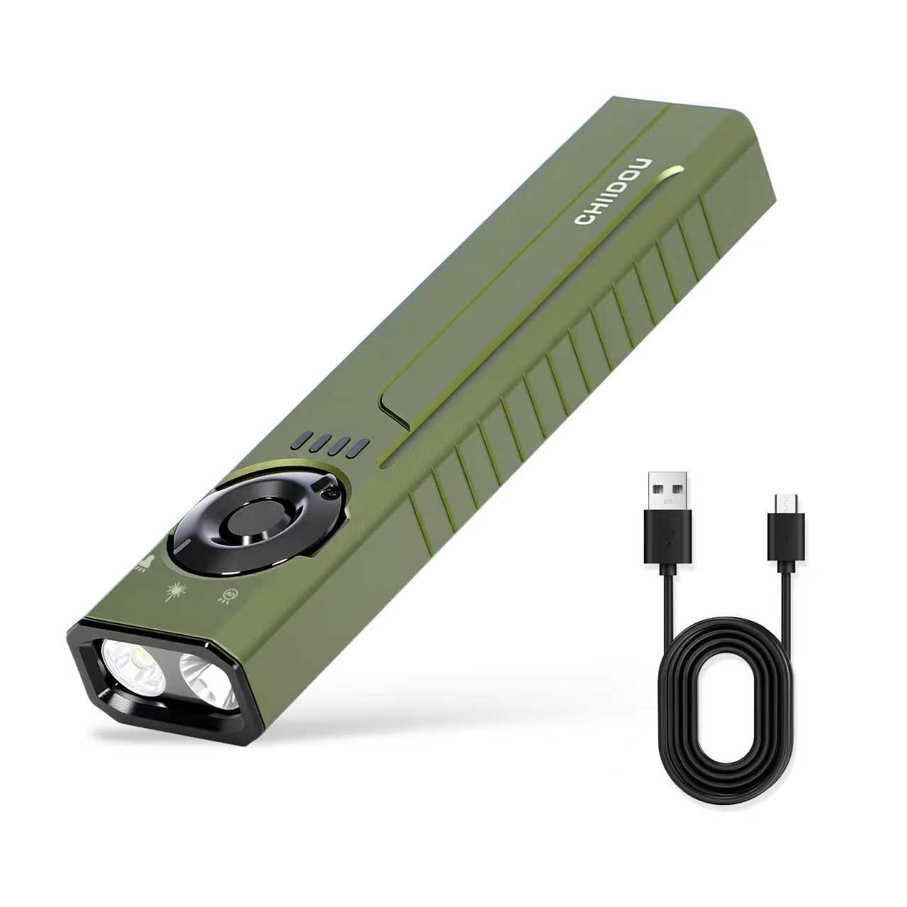 Chiidou Rechargeable EDC Flashlight with White LED, UV and Green Beam Combo, 1500 Lumens Portable Flat Pocket Lights with Magnetic Tail, Clip, Flash Light for Outdoor Camping Essentials (OD Green)