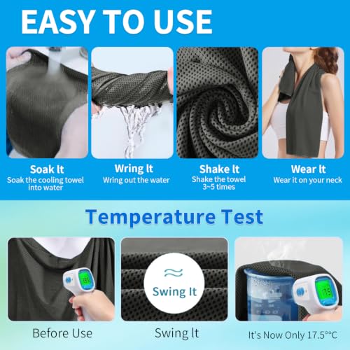 Cooling Towels 5 Pack - 40" x 12" Soft Microfiber for Yoga, Sports & Gym - Grey
