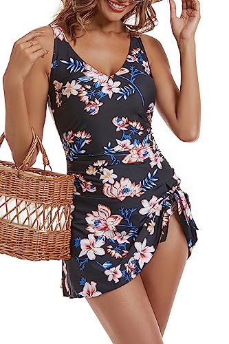 Aidonger Women's Black Floral Print Tummy Control V-Neck One-Piece Swimsuit Small